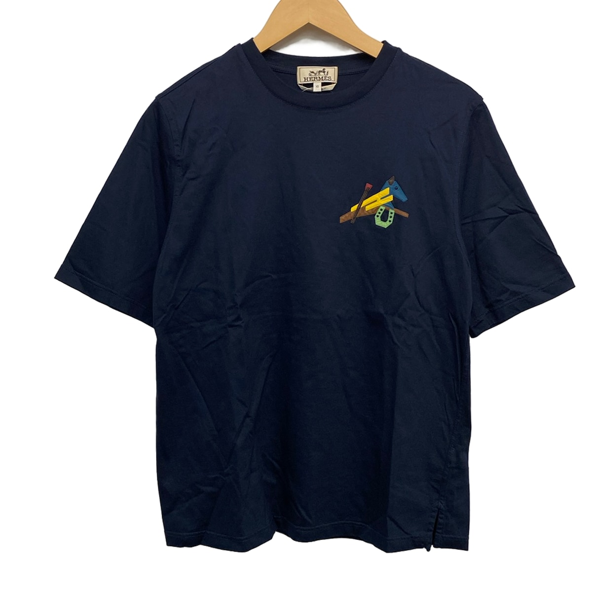 HERMES(エルメス) 半袖Tシャツ レザーパッチ /PUZZLE QUESTRE ネイビー×マルチ