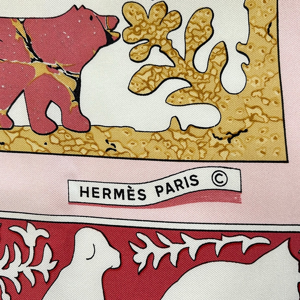 【新着】【中古】HERMES(エルメス) カレ90 スカーフ WARLY AMERICA/イヌ/鳥 ライトピンク×アイボリー×マルチ