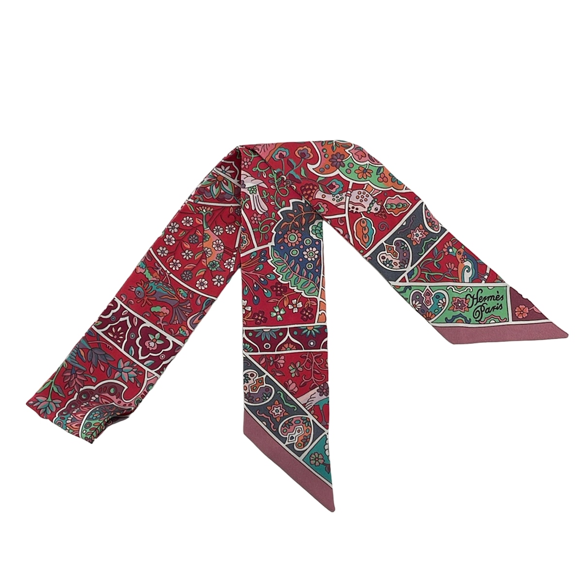 【中古】HERMES(エルメス) ツイリー スカーフ リボンスカーフ/Au Pays des Oiseaux Fleurs レッド×マルチ
