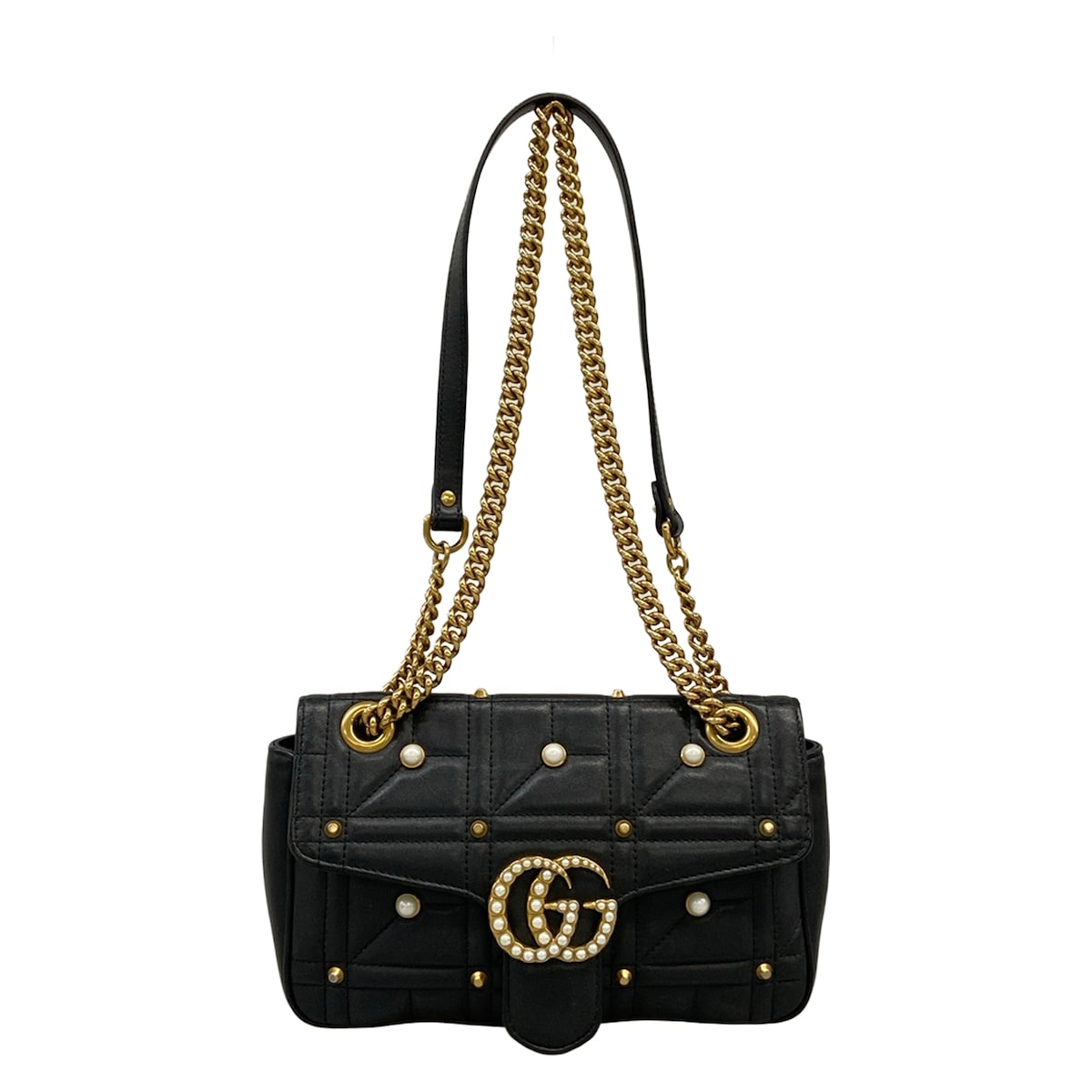 GUCCI - 【中古】GUCCI(グッチ) GGマーモント キルティング スモール ショルダーバッグ ショルダーバッグ チェーンショルダー/パール/スタッズ 黒 レザー
