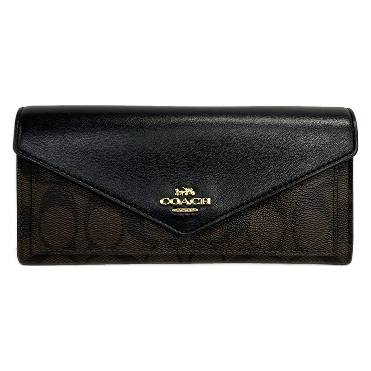 COACH(コーチ) シグネチャー柄 長財布 ダークブラウン×黒 レザー