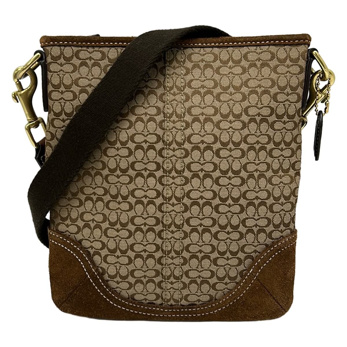 【新着】【中古】COACH(コーチ) ミニシグネチャー柄 ショルダーバッグ 斜めがけ/ミニバッグ カーキ×ブラウン レザー