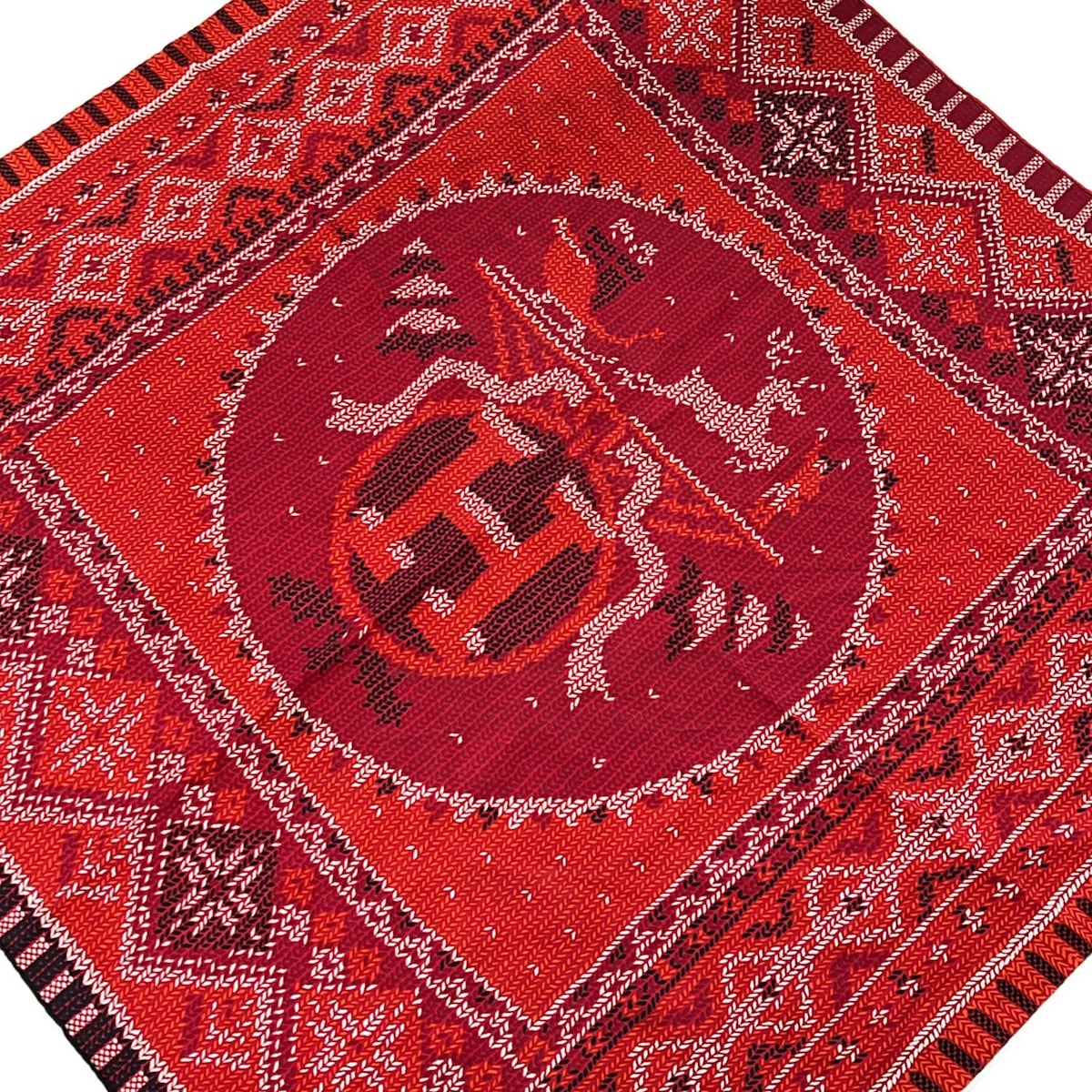 【新着】【中古】HERMES(エルメス) カレ90 スカーフ AU COIN DU FEU/ロゴ/刺繍柄 ボルドー×オレンジ×マルチ