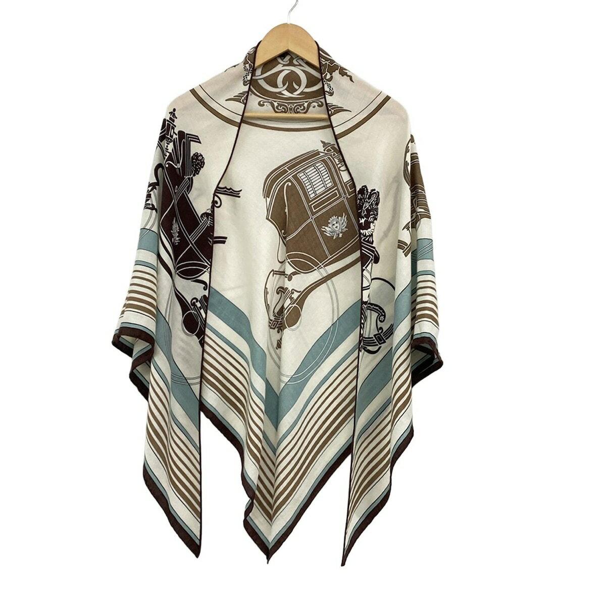 【中古】HERMES(エルメス) トライアングル ジェアン ストール(ショール) Ex-Libris(エクスリブリス) アイボリー×ライトブラウン×マルチ カシミヤ、シルクのサムネイル