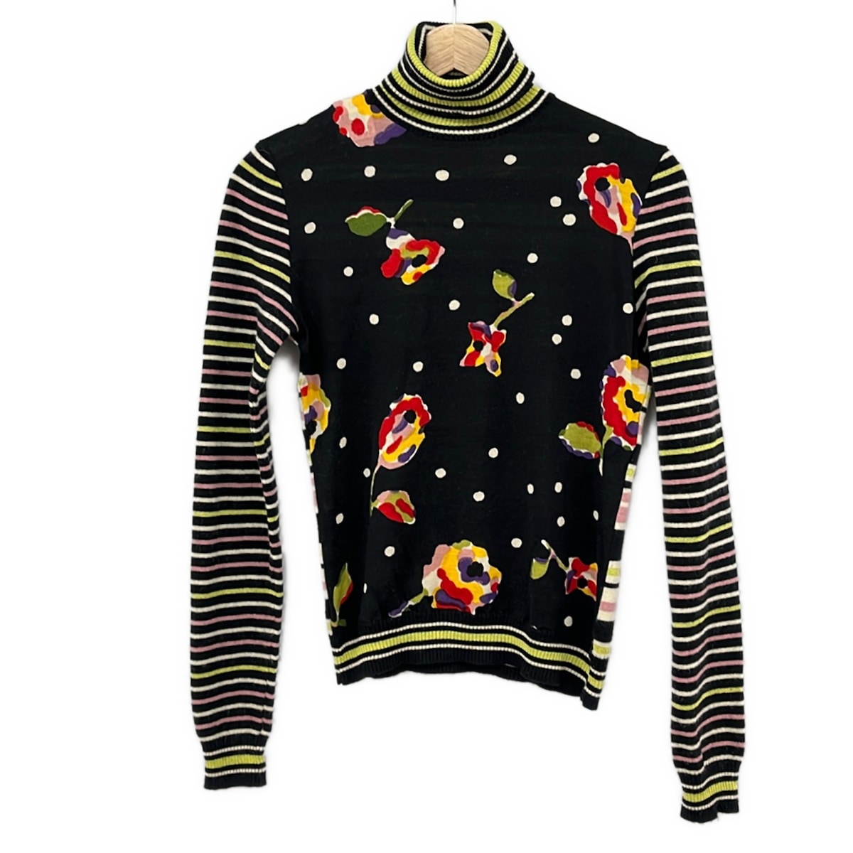 【新着】【中古】MOSCHINO CHEAP&CHIC(モスキーノ チープ&シック) 長袖セーター タートルネック/ボーダー/花柄 黒×イエローグリーン×マルチ