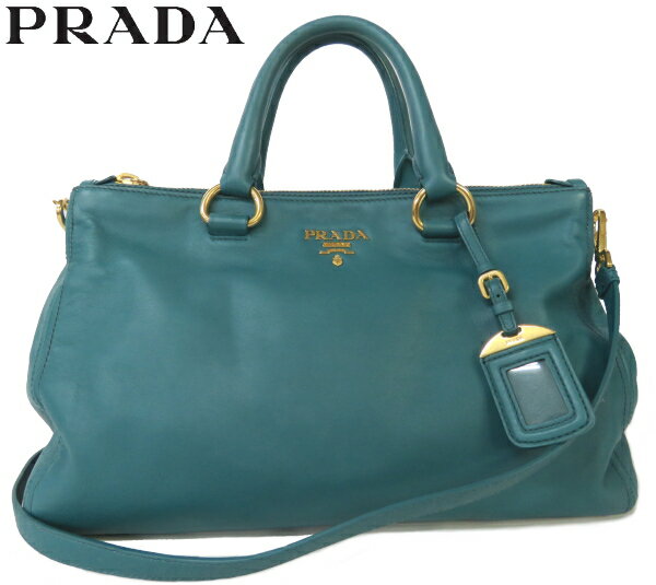 【中古】美品 PRADA プラダ 本革レザー トートバッグ ショルダー付き エメラルドグリーン系 e15