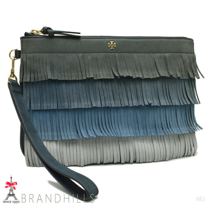 トリーバーチ クラッチバッグ フリンジ ミディアム ポーチ レザー ブルー 34403 TORY BURCH 【中古】