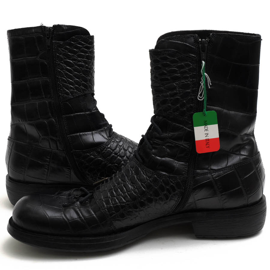 Paul May レースアップブーツ ポールメイ 牛革 エンジニアブーツ バイカーブーツ クロコ型押し サイドジップ 【中古】 3