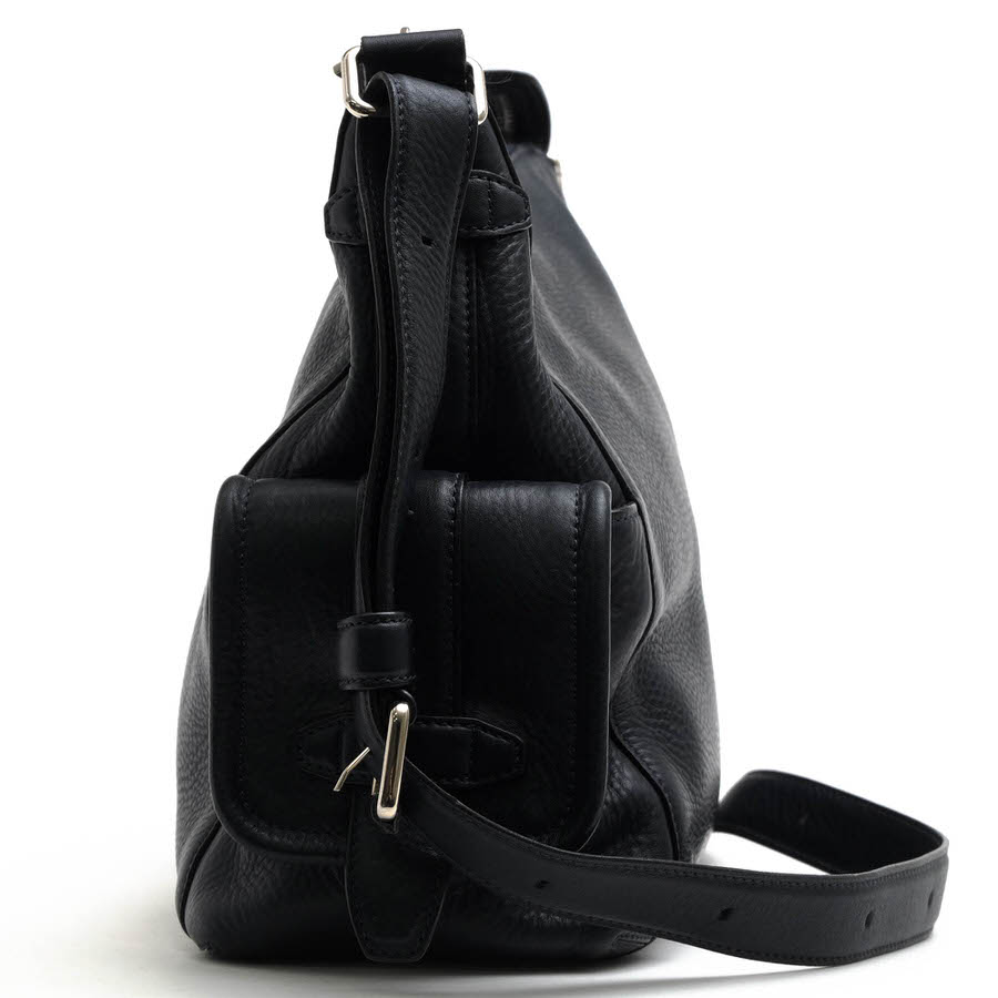 HIROFU ショルダーバッグ ヒロフ 牛革 サイドポケット付き Hロゴ シボ革 シュリンクレザー 【中古】