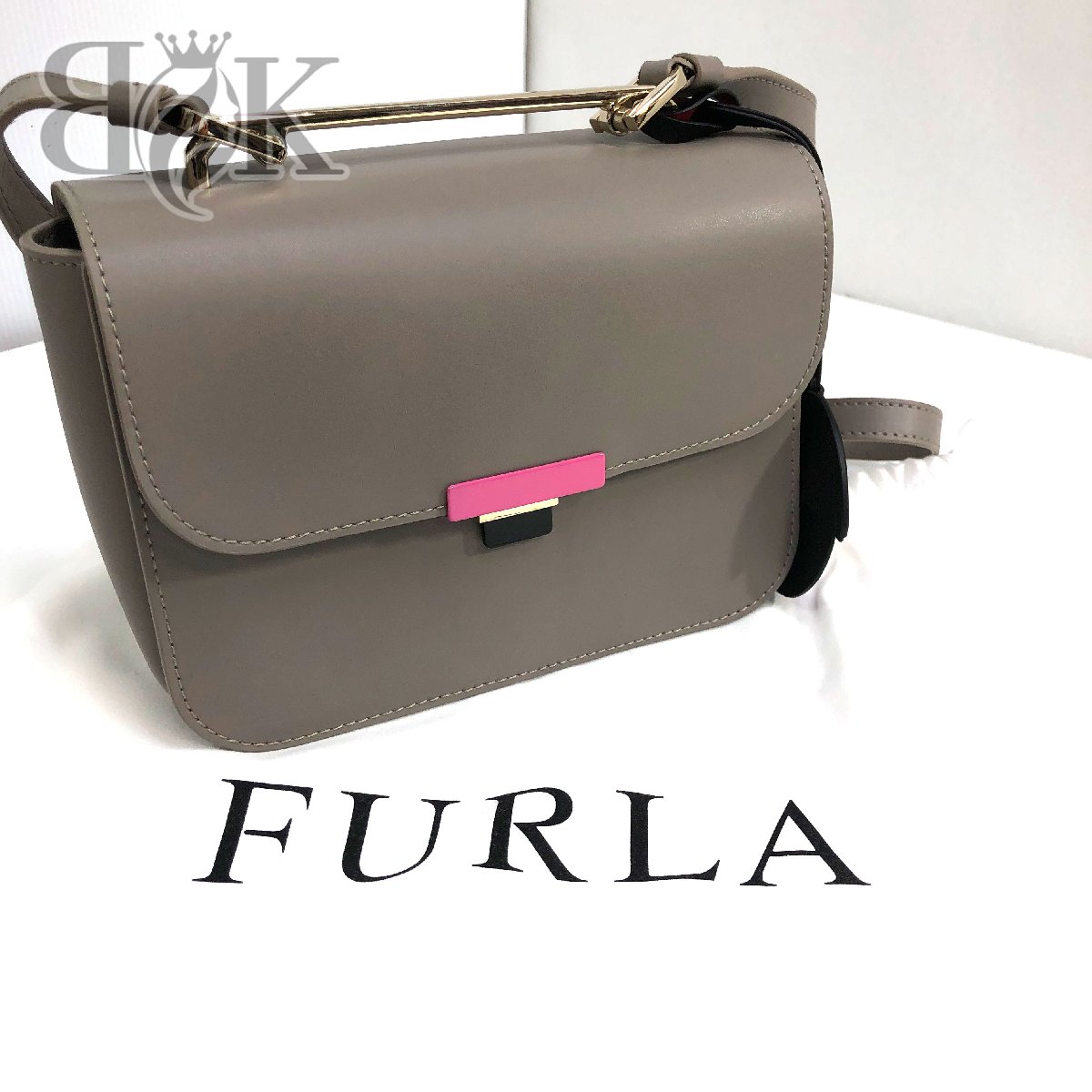 美品 フルラ エリジール S レザー ショルダー バッグ ミラー付き レディース グレージュ系 レディース FURLA ★【中古】