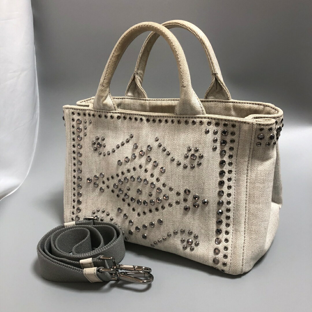 PRADA プラダ CANAPA カナパ トートバッグ 2WAY ショルダーバッグ デニム ビジュー スタッズ NUBE ライトグレー BN2439 【中古】