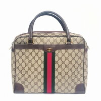 OLD VINTAGE GUCCI オールド ビンテージ グッチ GG 柄 モノグラム PVC シェリーライン ブリーフケース 2WAY ショルダー ハンド バッグ コーティング キャンバス 斜め掛け A4サイズ ブラウン ベージュ レッド グリーン 男女兼用 ユニセ 税込 送料無料【Y】