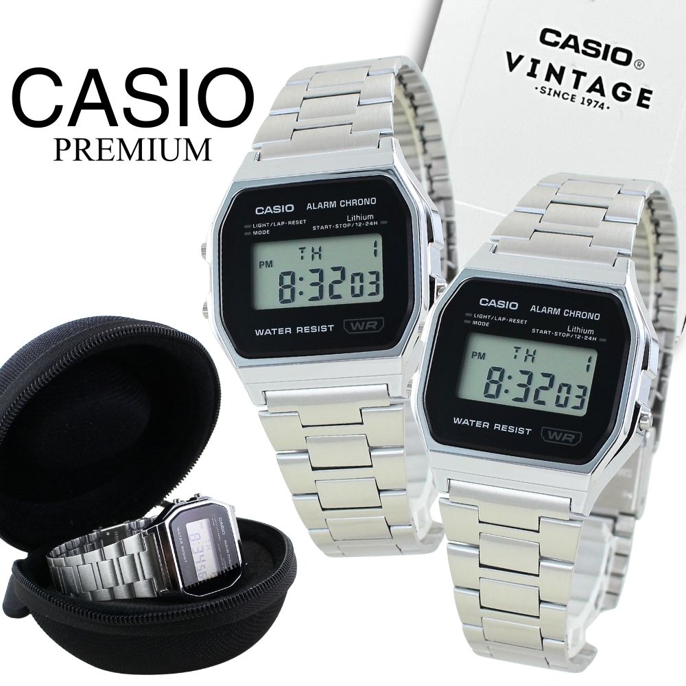 カシオ プレミアム ペアウォッチ デジタル 腕時計 手表 シルバー 時計ケース付き 2個セット カップル お揃い 親子 ペアルック 夫婦 両親 メンズ レディー...