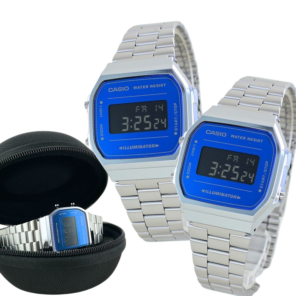 日本未発売 ペアウォッチ カシオ クラシック プレミアム デジタル 腕時計 手表 ブルー シルバー フルメタル 腕時計ケース 付き お揃い ペア 親子 友達 兄...