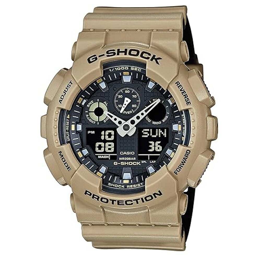 CASIO G-SHOCK カシオ Gショック タフネス 衝撃に強い キャンプ 釣り アウトドア サバゲー カッコいい おしゃれ ファッション カジュアル スタイリング メンズ 腕時計 アナデジ ミリタリーカラー 学生 学校生活 部活 社会人 サークル CASIO G-SHOCK 世界中で人気をあつめる人気ブランド G-SHOCKは、終わりなき進化を続けてきた。 構造、素材、機能。あらゆる面から、さらなるタフを追い求めて。 どこまでも強く。その先の強さを目指して。 G-SHOCK、その挑戦に終わりはないのです。 ---------------------------------------------------------------------- タフネスを追求し進化を続けるG-SHOCKから、ミリタリーファッションをテーマにしたNewモデルが登場。 バンドの表面と裏面に異なる色を張り合わせる2色成型バンドを採用。バンドのサイドや穴から裏面のカラーリングを見せることで、新たな表現を実現しました。フライトジャケットの裏地などをモチーフに、ミリタリーテイスト溢れるデザインに仕上げました。JIS1種の耐磁性能を備えたコンビネーションモデルのGA-100をベースに採用。カジュアルファッションシーンに映える定番のミリタリーカラーを採用し、デザイン進化を果たしたNewモデルの登場です。 e 【注意書き】 ※こちらの商品は時間合わせをせず、入荷したままの状態で発送しております。予めご了承ください。 ■ブランド：CASIO G-SHOCK(カシオ ジーショック)(海外モデル) ■クオーツ（電池式） ■防水性：20気圧防水 ■機能： ・ケース・ベゼル材質：樹脂 ・樹脂バンド ・耐衝撃構造（ショックレジスト） ・耐磁時計（JIS1種） ・無機ガラス ・ワールドタイム：世界48都市（29タイムゾーン、サマータイム設定機能付き）＋UTC（協定世界時）の時刻表示、ホームタイムの都市入替機能 ・ストップウオッチ（1/1000秒、100時間計、速度計測機能(MAX1998unit / h、2unit / h単位)、ラップ／スプリット計測切替） ・タイマー（セット単位：1分、最大セット：24時間、1秒単位で計測、オートリピート） ・時刻アラーム5本（1本のみスヌーズ機能付き）・時報 ・LEDライト（オートライト機能、残照機能、残照時間切替（1.5秒／3秒）付き） ・フルオートカレンダー ・精度：平均月差：±15秒 ・12/24時間制表示切替 ■ケースサイズ(H×W×D)：55×51.2×16.9mm ■バンド装着可能サイズ：145～215mm ■質量：72g ■ブランド専用BOX ■保証期間：1年間 GA-100L-8A