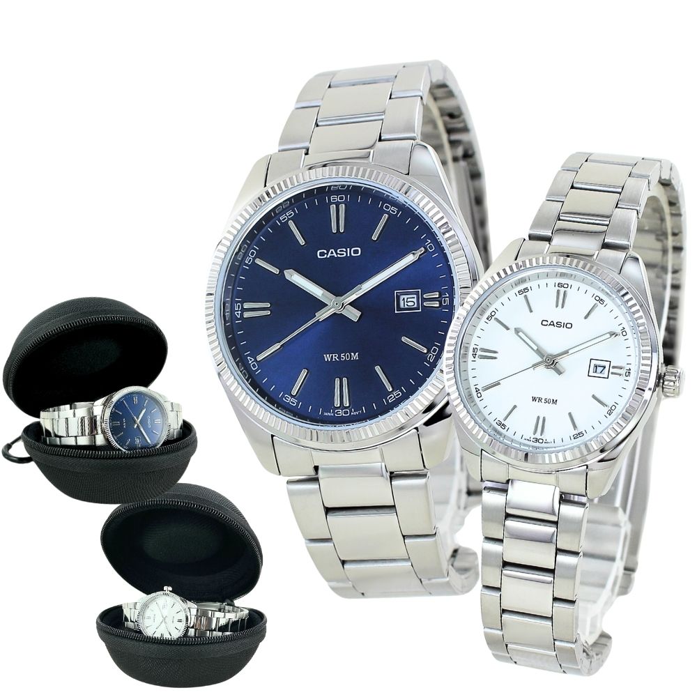 日本未発売 ペアウォッチ カシオ アナログ 腕時計 手表 腕時計ケース 付き ブルー ホワイト ステンレス ペア腕時計 ペアギフト お揃い ペア 親子 友達 兄弟 姉妹 夫婦 カップル 両親 結婚記念日 妻 夫 母 父 敬老の日 クリスマス プレゼント ランキング お祝い