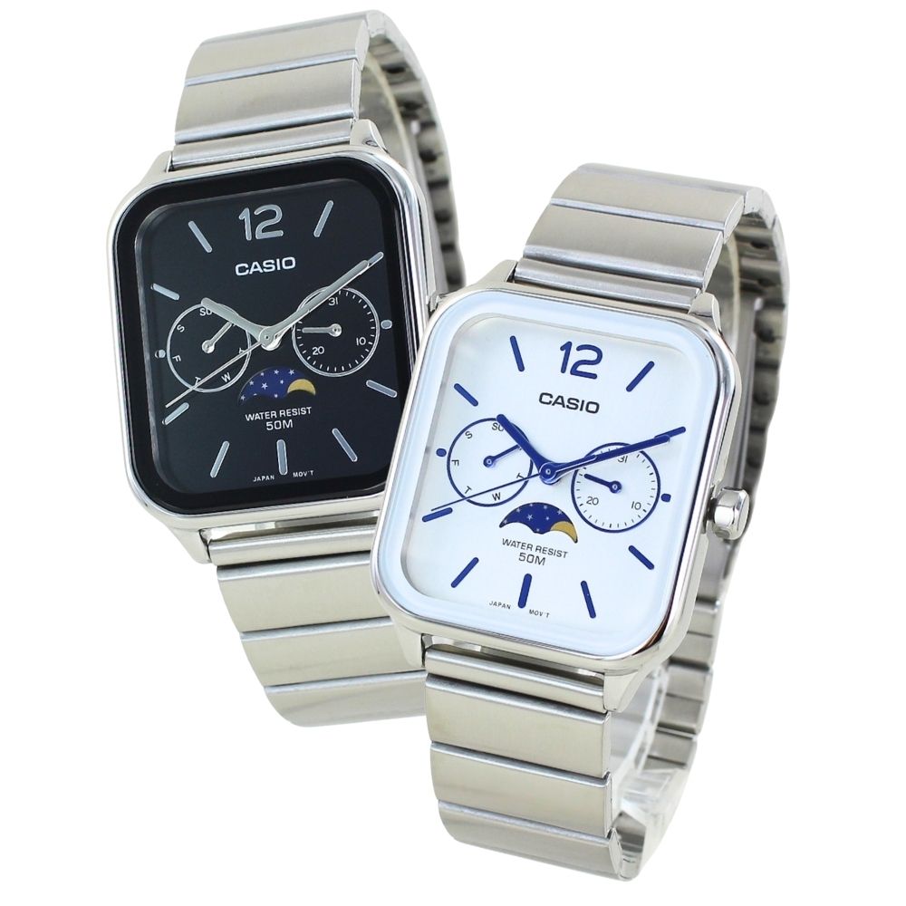 カシオ ペアウォッチ カップル 親子でお揃い 腕時計ボックス付き CASIO 腕時計 ペア アナログ スクエア サン＆ムーン表示 カレンダー 防水 黒 白 文字盤 夫婦 両親 記念日 上品ペアギフト ランキング お祝い