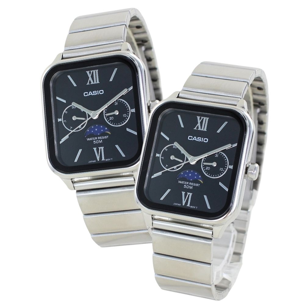 カシオ ペアウォッチ ペア腕時計ボックス付き カップル 親子でお揃い CASIO 腕時計 ペア アナログ スクエア サン＆ムーン表示 カレンダー 防水 黒 シルバー 夫婦 両親 記念日 上品ペアギフト クリスマス プレゼント ランキング お祝い