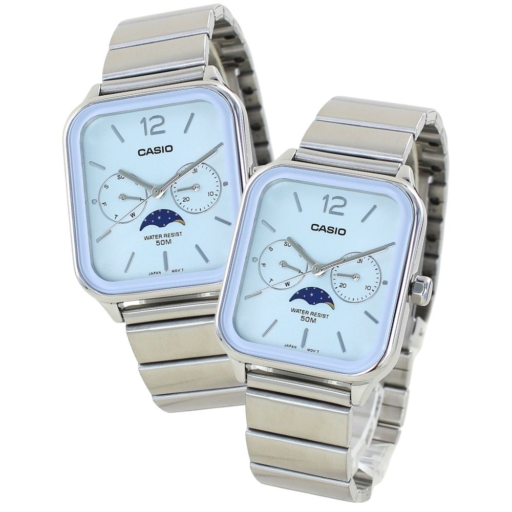 カシオ ペアウォッチ カップル 親子でお揃い CASIO 腕時計 ペア 腕時計ボックス付き アナログ スクエア サン＆ムーン表示 カレンダー 防水 ブルー 夫婦 両親 記念日 上品ペアギフト クリスマス プレゼント ランキング お祝い