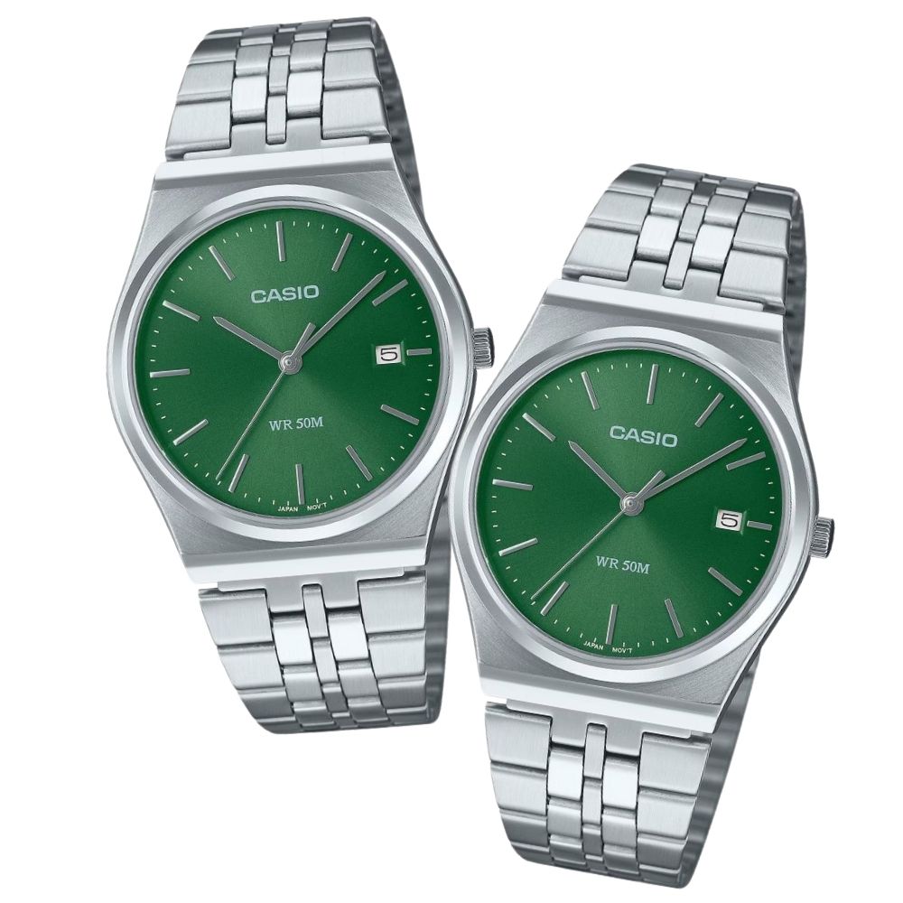 カシオ ペアウォッチ 腕時計 収納ケース付き グリーン ステンレスベルト お揃い ユニセックス メンズ レディース ペアセット カップル 親子ペア 誕生日 記念日 ギフト ペアギフト CASIO 時計 MTP-B145D-3A クリスマス プレゼント ランキング お祝い