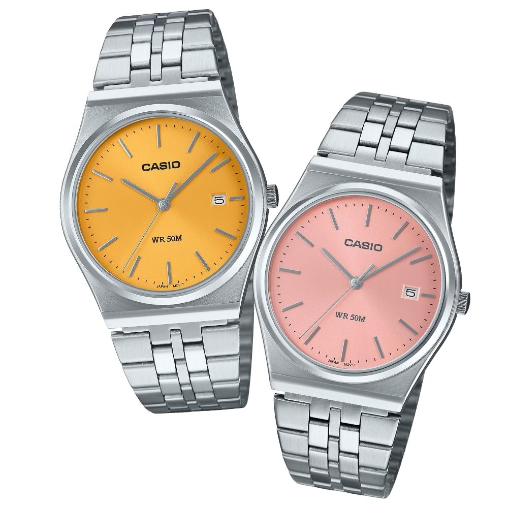 カシオ ペアウォッチ 腕時計 収納ケース付き イエロー ピンク ステンレスベルト お揃い ユニセックス メンズ レディース ペアセット カップル 親子ペア 誕生日 記念日 プレゼント ギフト ペアギフト CASIO 時計 MTP-B145D-9A MTP-B145D-4A ランキング お祝い