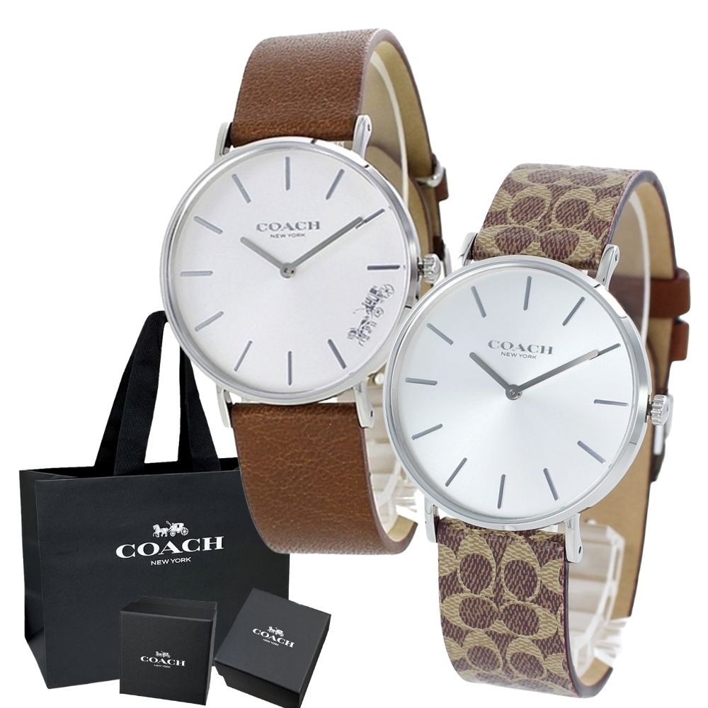 ブランド 紙袋 ショッパー付き コーチ 腕時計 手表 ペアウォッチ ペリー おそろい 同サイズ シンプル スリム レザー ブラウン シグネチャー柄 1450312014503122 誕生日プレゼント ランキング お祝い