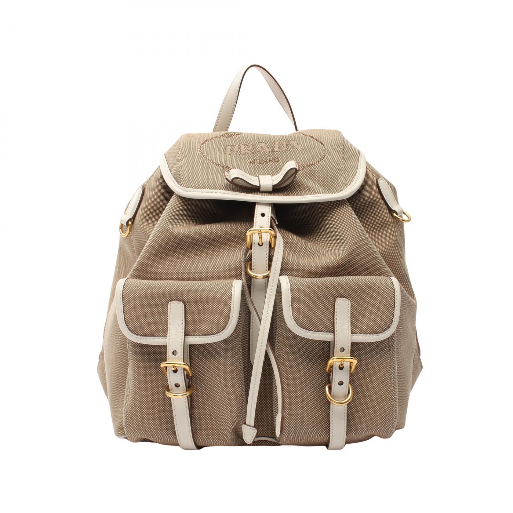 ≪5千円OFFクーポン×P3倍≫プラダ PRADA LOGO JACQUARD ロゴジャガード リュックサック バックパック バッグ キャンバス レザー レディース ベージュ系 / ホワイト系 1BZ006 【中古】