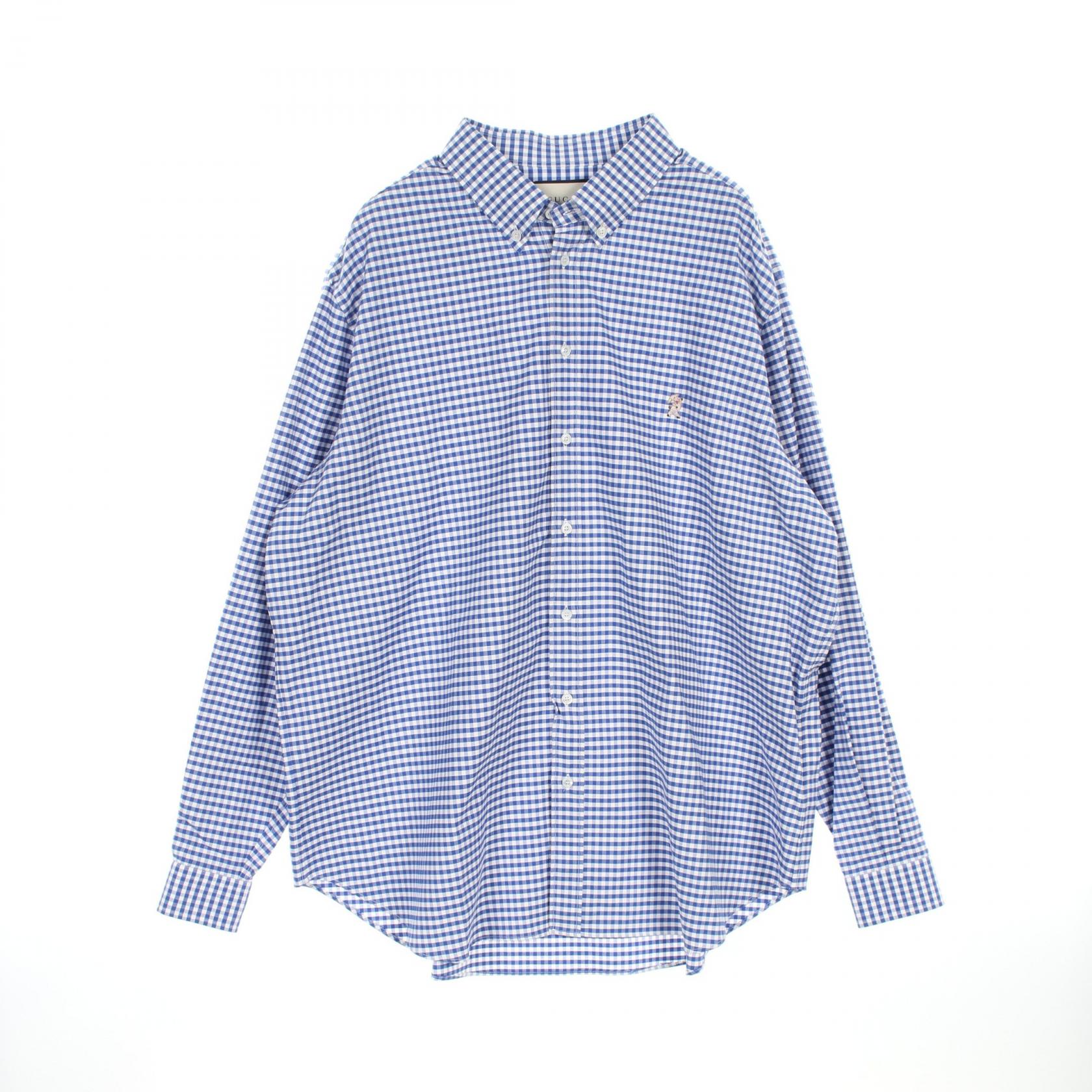 ≪3%OFFクーポン対象≫グッチ GUCCI PIGワンポイント刺繍 ギンガムチェック 衣料品 トップス コットン メンズ ブルー系 / ホワイト系 557387 【中古】