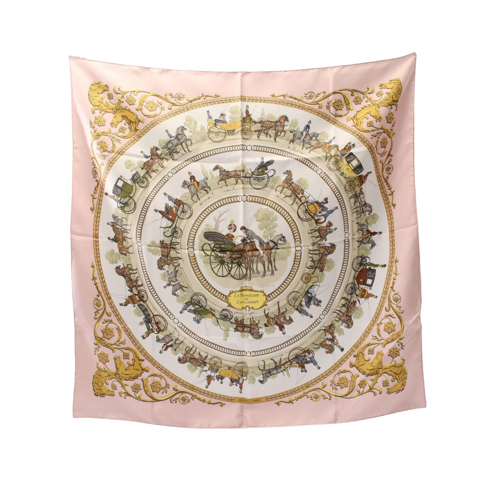 ≪5%OFFクーポン対象≫エルメス HERMES カレ90 LA PROMENADE DE LONGCHAMPS スカーフ 衣料品 シルク シルク レディース ホワイト系 / ピンク系 / マルチカラー 【中古】