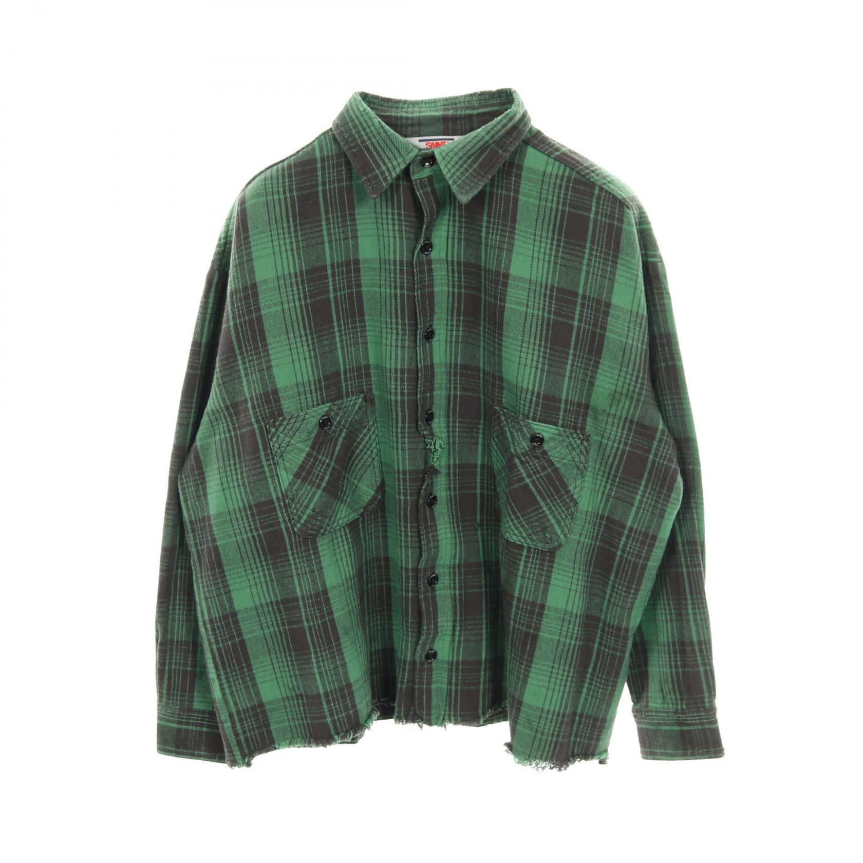 ≪全品5%OFF＆まとめ買い対象≫セント マイケル SAINT MICHAEL FRNL CHECK SHIRT チェック 衣料品 トップス コットン メンズ グリーン系 / ブラック系 【中古】