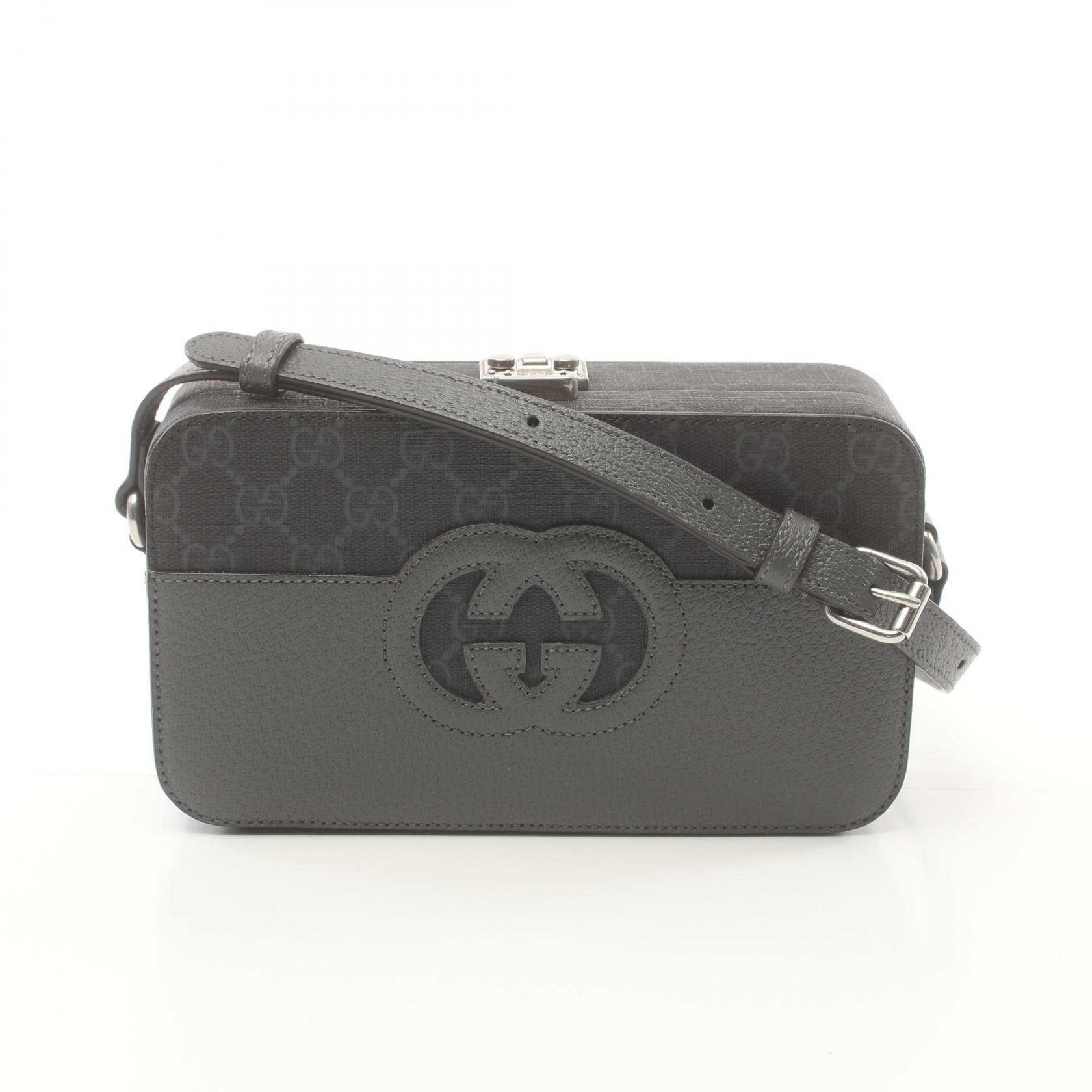 【13%OFFクーポン対象】グッチ GUCCI カットアウト インターロッキングG ショルダーバッグ バッグ レザー PVCコーティングキャンバス メンズ グレー系 / ブラック系 725341 【中古】