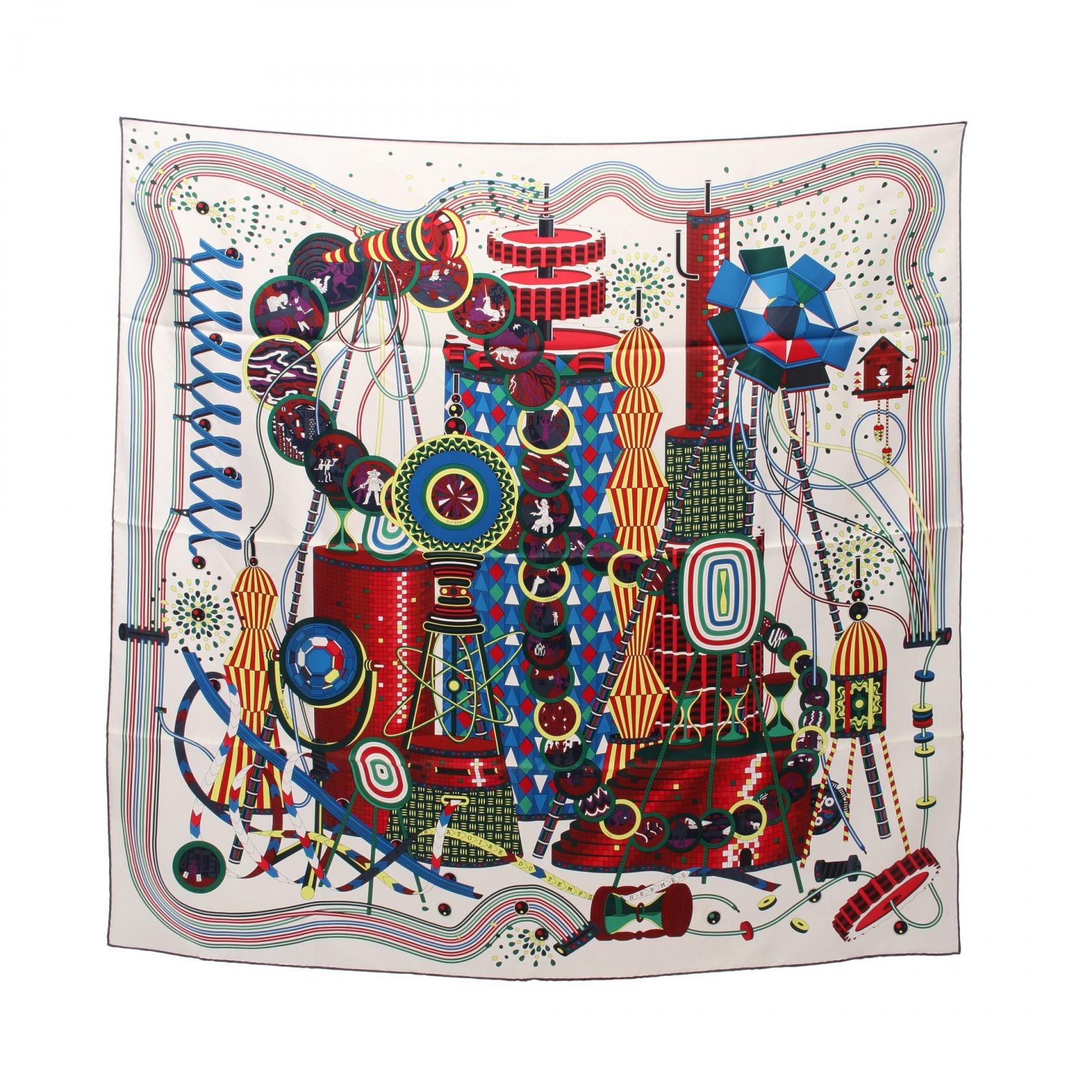 【ポイント3倍】エルメス HERMES カレ90 LE LABORATOIRE DU TEMPS スカーフ 衣料品 シルク シルク レディース ホワイト系 / マルチカラー 【中古】