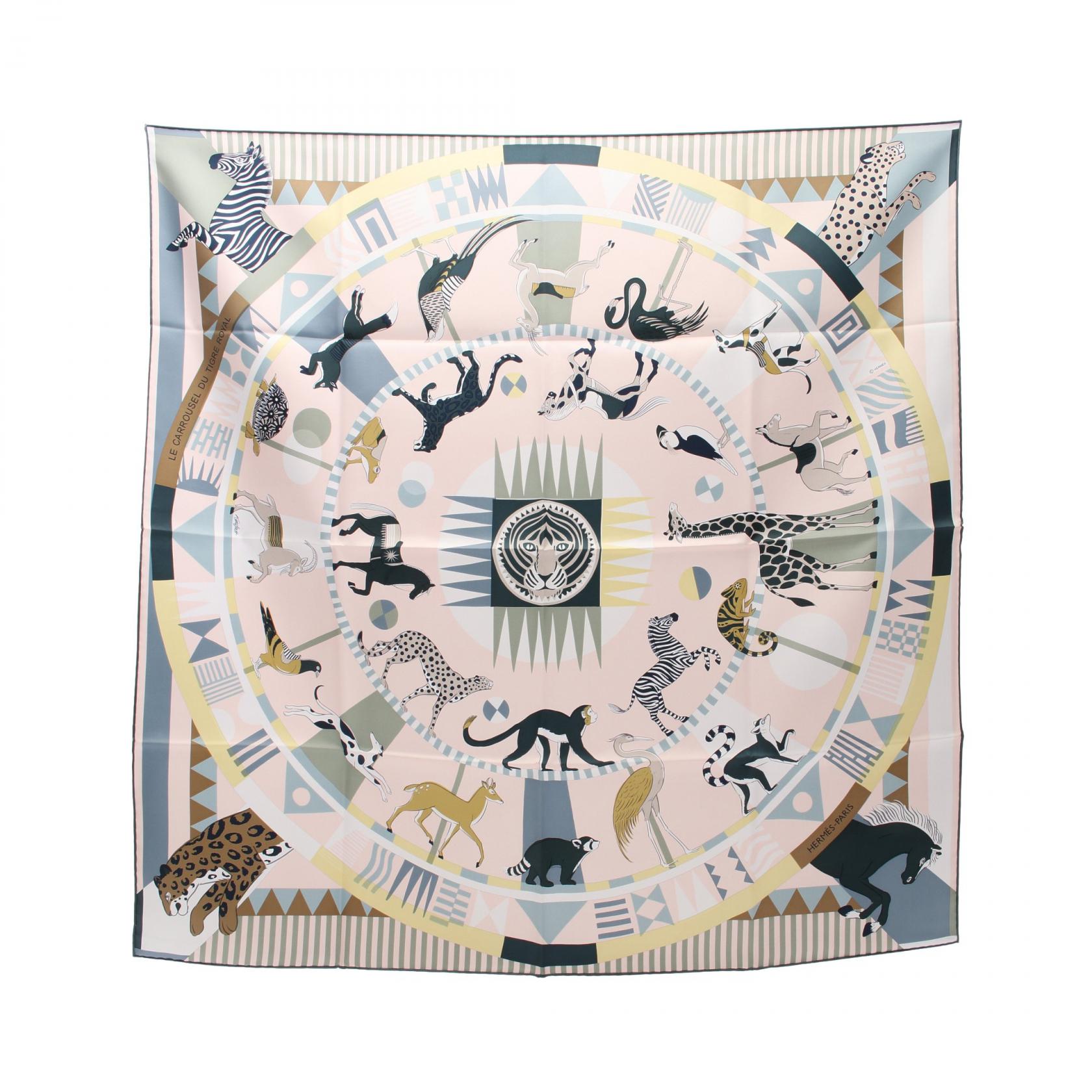 エルメス HERMES カレ90 LE CARROUSEL DU TIGRE ROYAL ローズドラジェ カーキ ジョーヌスフル スカーフ 衣料品 シルク シルク レディース ピンク系 / マルチカラー 【中古】のサムネイル