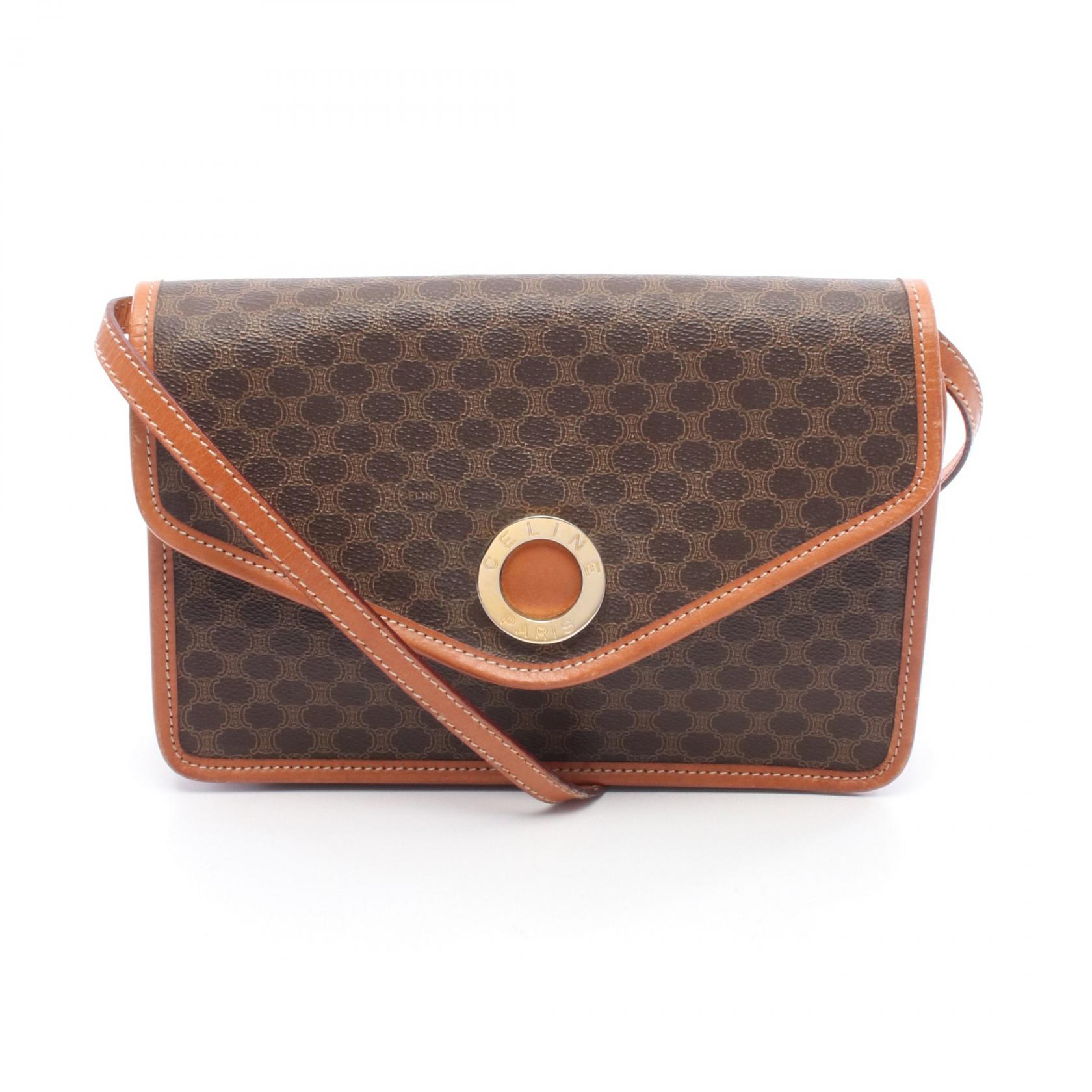 【千円OFFクーポン対象】セリーヌ CELINE マカダム ショルダーバッグ バッグ PVCコーティングキャンバス レザー メンズ レディース ブラウン系 【中古】