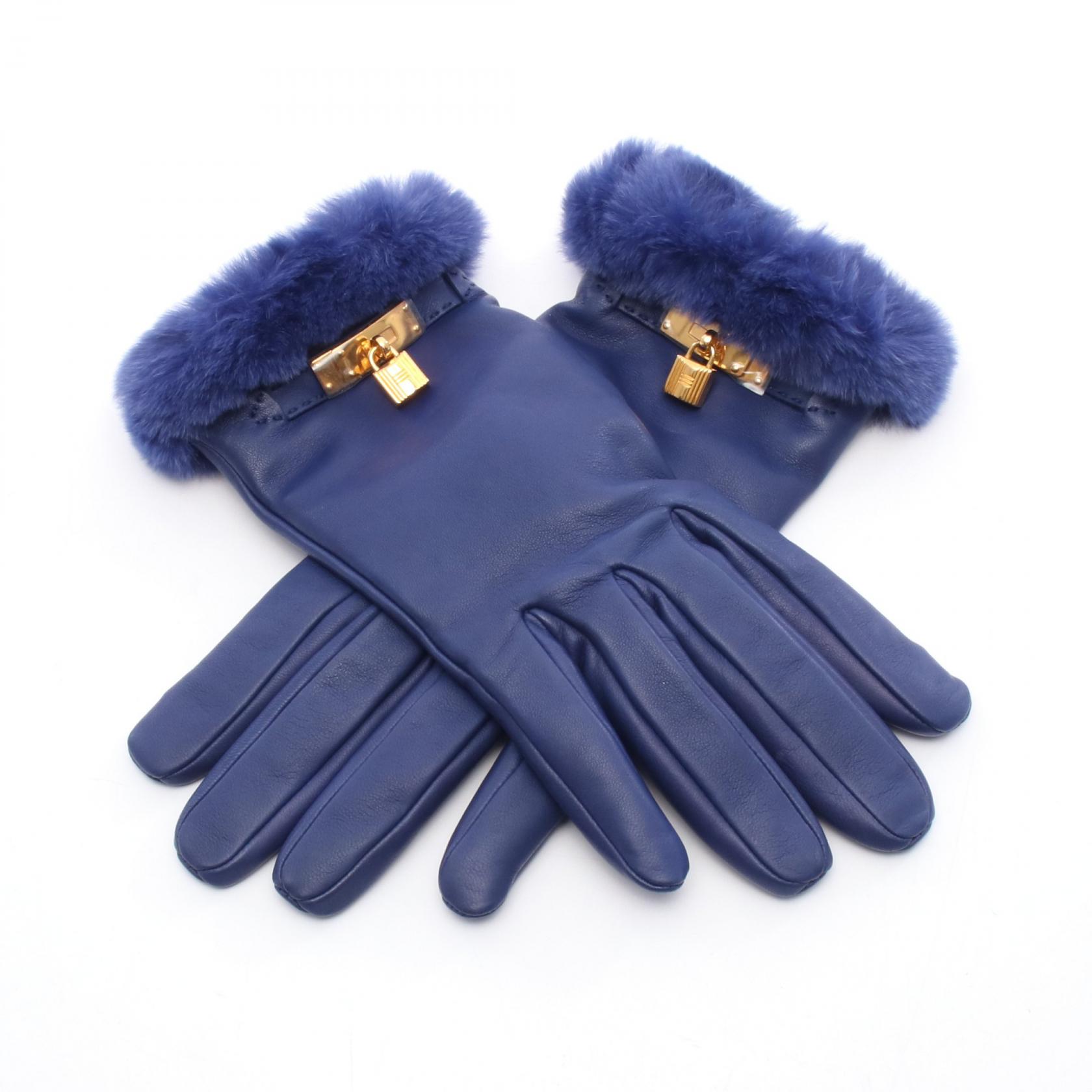 【10％OFFクーポン対象】エルメス HERMES プリンセス カデナ 手袋 衣料品 レザー ミンク レディース ブルー系 【中古】
