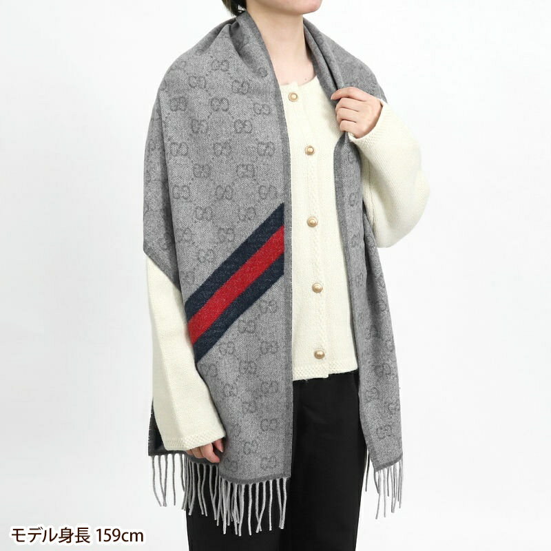 グッチ GUCCI ストール メンズ レディース ウール100% GG柄 マフラー ライトグレー...