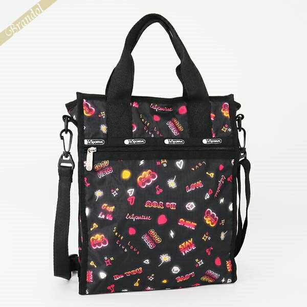 トートバッグ 《最大2000円クーポン配布中_3日23:59迄》レスポートサック トートバッグ LeSportsac SMALL N/S TOTE 縦型 2wayショルダーバッグ ネオン風 キュート柄 ブラック系 3538 E481 | ブランド