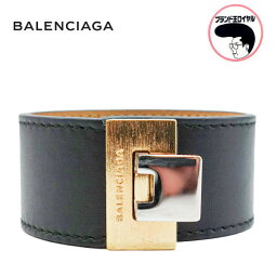 【中古】BALENCIAGA バレンシアガ バングル レザー ブラック ブレスレット ゴールド×シルバー