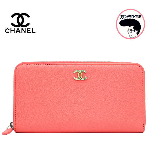 【中古】未使用品 CHANEL シャネル ラッキークローバー ラウンドファスナー 長財布 ピンク ゴートスキン ココマーク