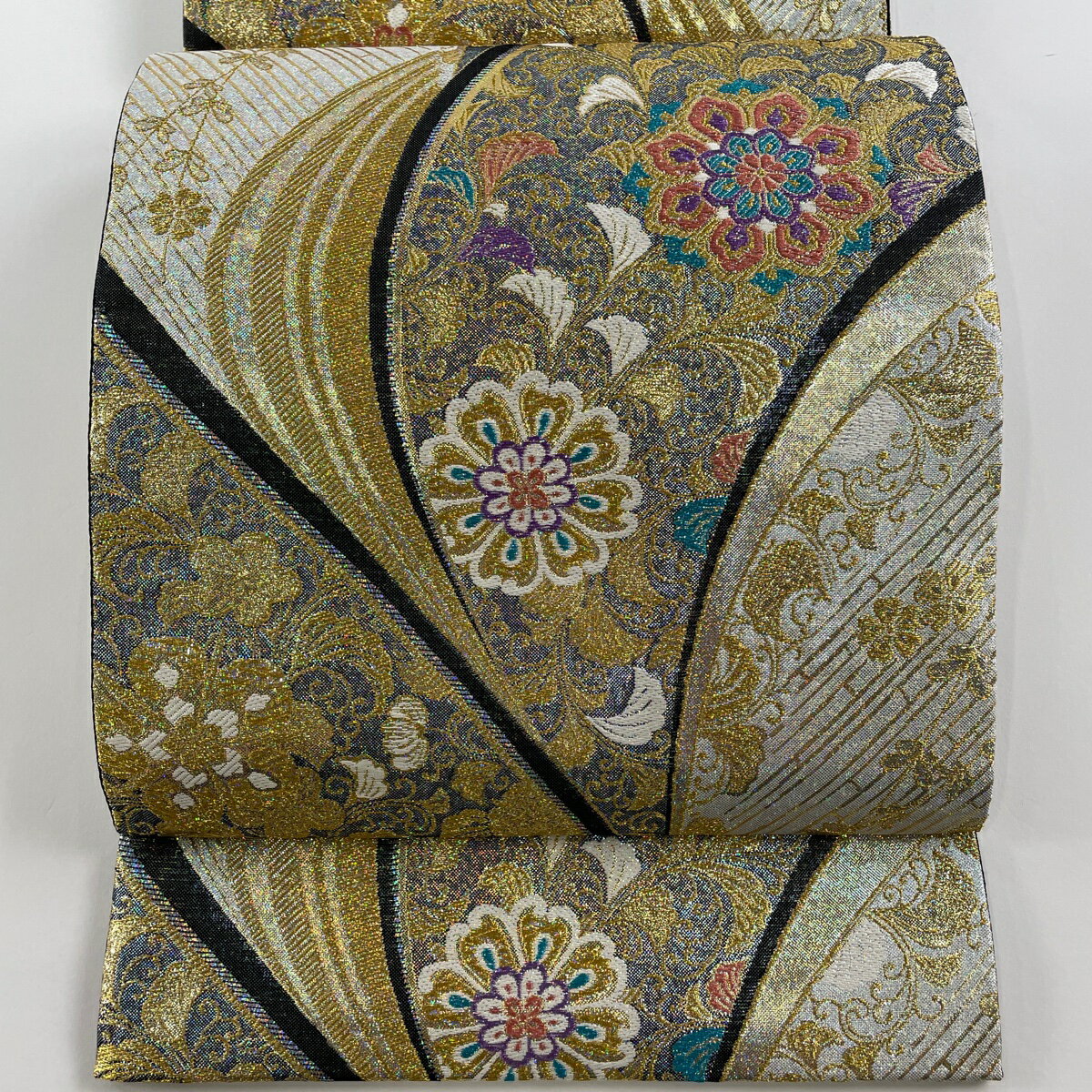 袋帯 美品 秀品 華文 花唐草 金糸 ラメ箔 銀色 六通 正絹 【中古】 msp50