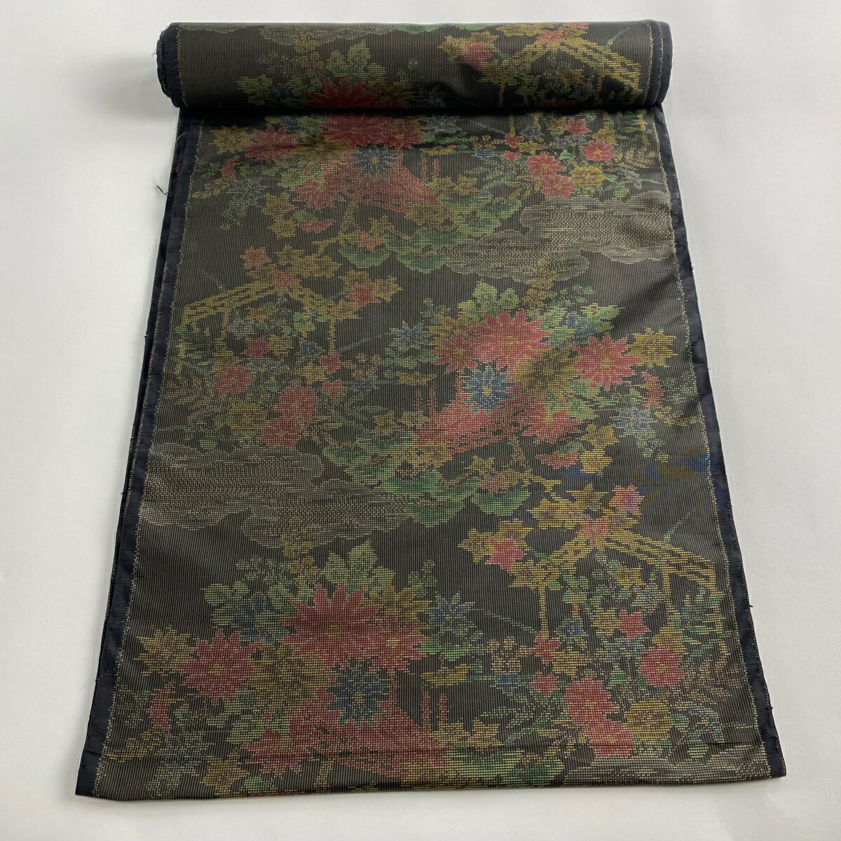 反物 秀品 大島紬 証紙 草花 雲文 茶緑色 正絹 【中古】 msp30