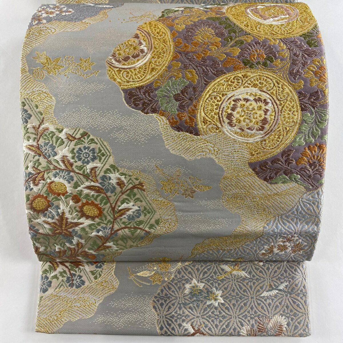 袋帯 美品 秀品 草花 雲文 金糸 灰色 六通 正絹 【中古】 msp50