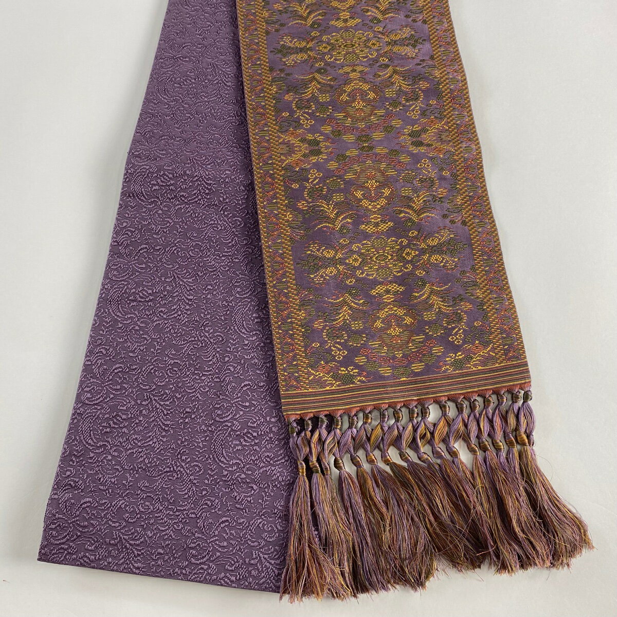 半幅帯 美品 名品 草花 茶紫 正絹 【中古】