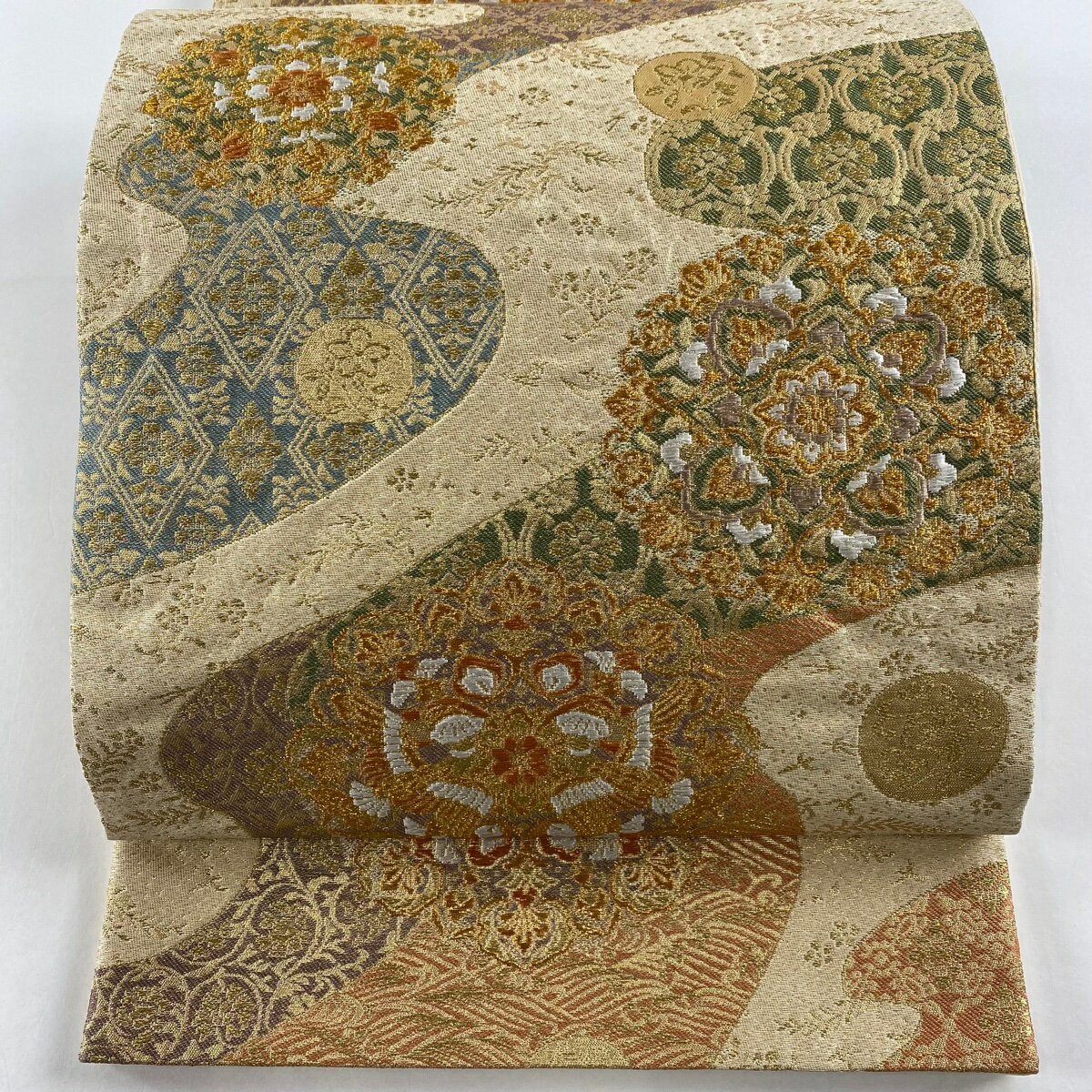 袋帯 美品 秀品 華文 波 金糸 箔 金色 六通 正絹 【中古】