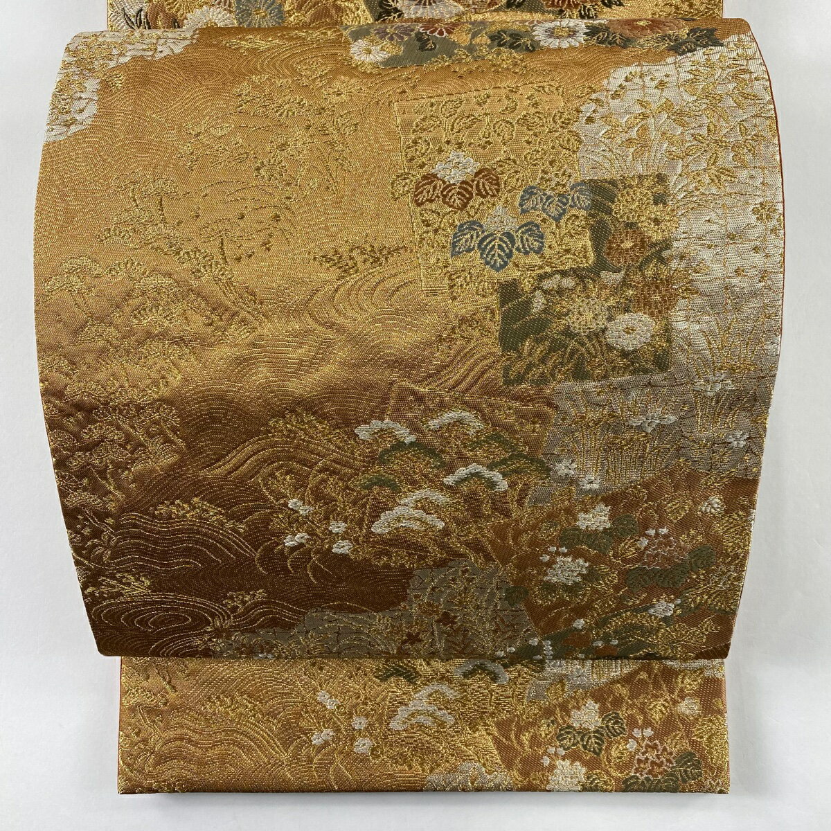 袋帯 美品 秀品 色紙 草花 箔 刺繍 薄茶色 六通 正絹 【中古】 msp70