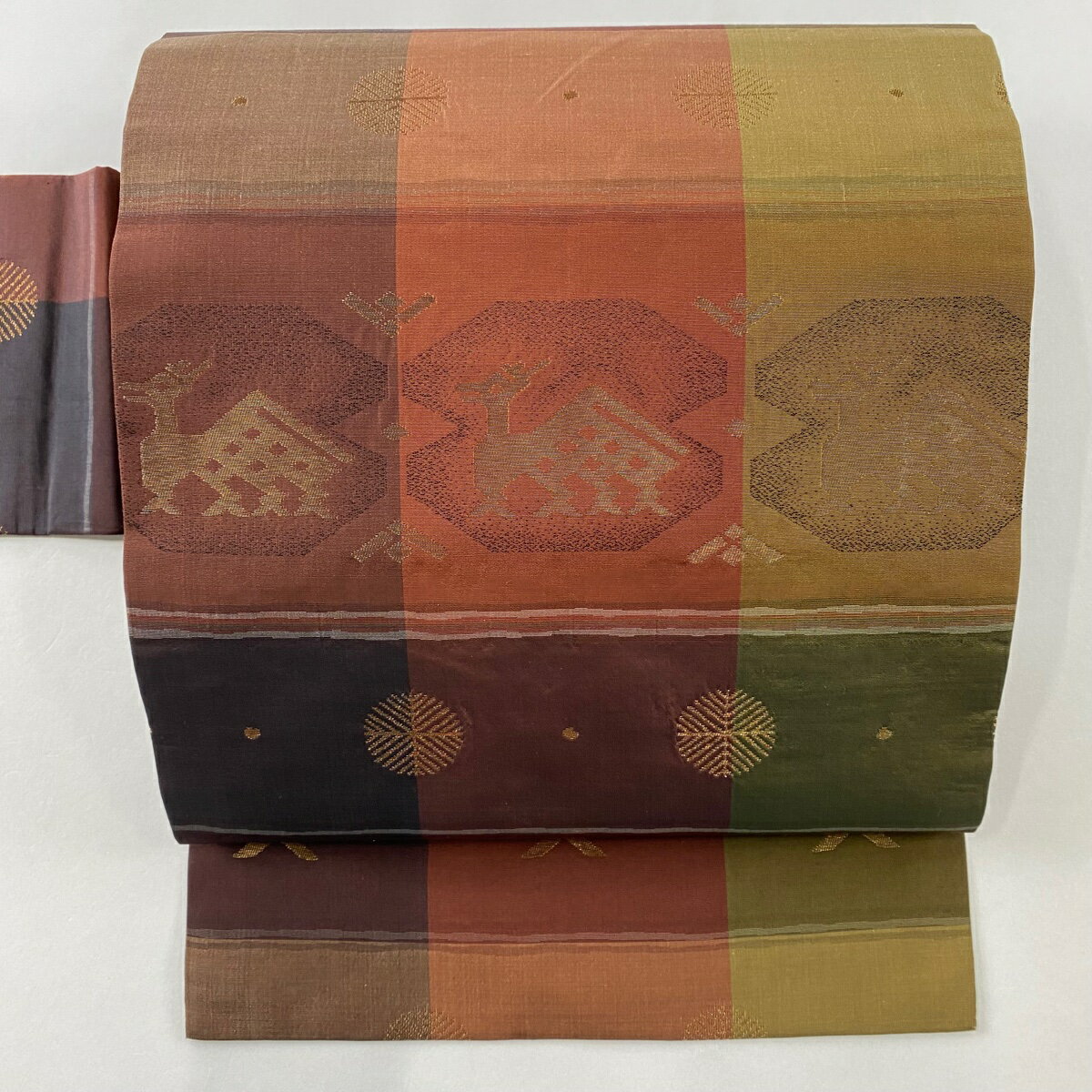 名古屋帯 優品 紬地 有栖川 若松 箔 赤茶 正絹 【中古】 msp50のサムネイル