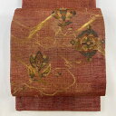 【最終値引き】 袋帯 美品 名品 草花 金糸 箔 茜色 六通 正絹 【中古】 msp70(4)
