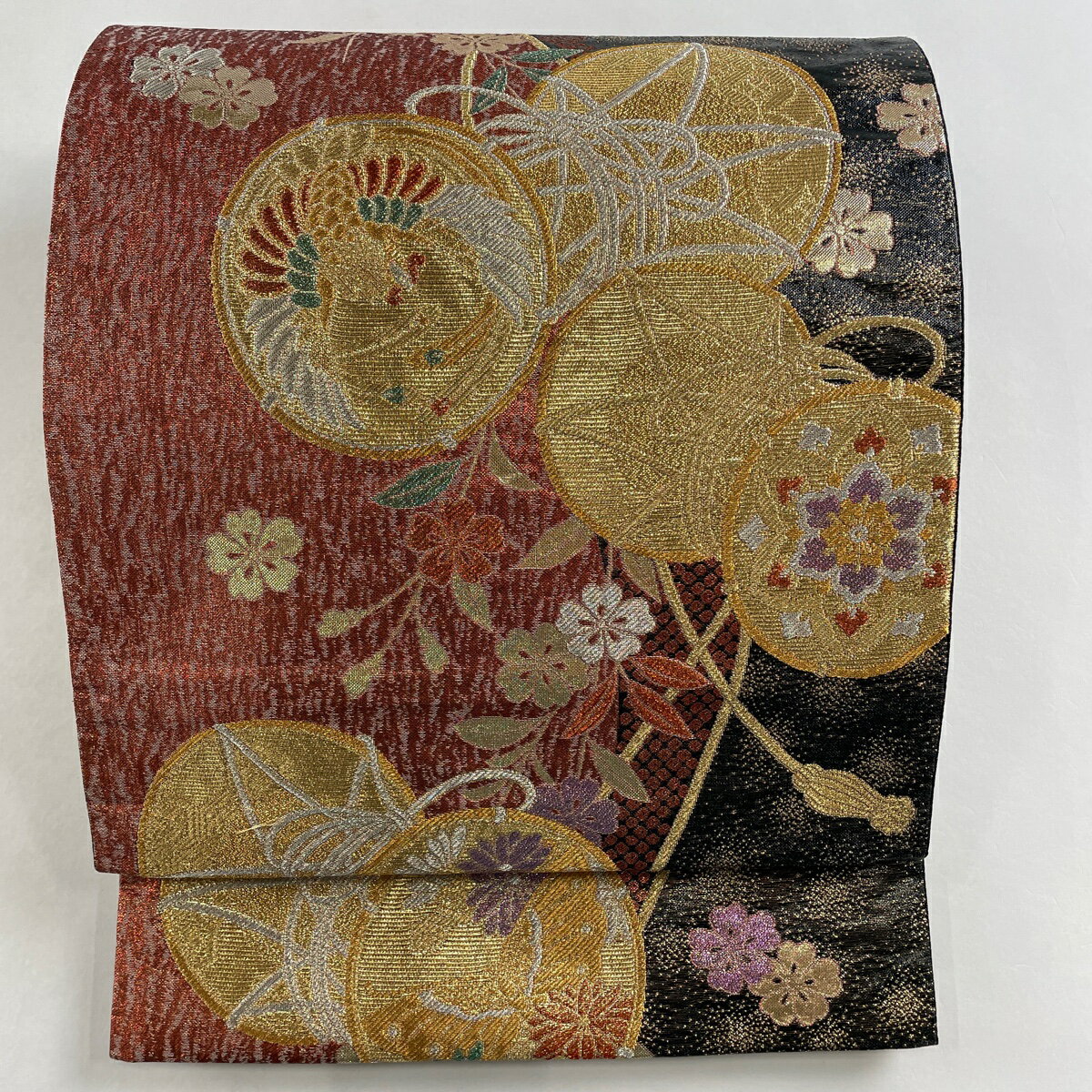 袋帯 美品 秀品 鼓 花鳥 金銀糸 箔 朱色 六通 正絹 【中古】