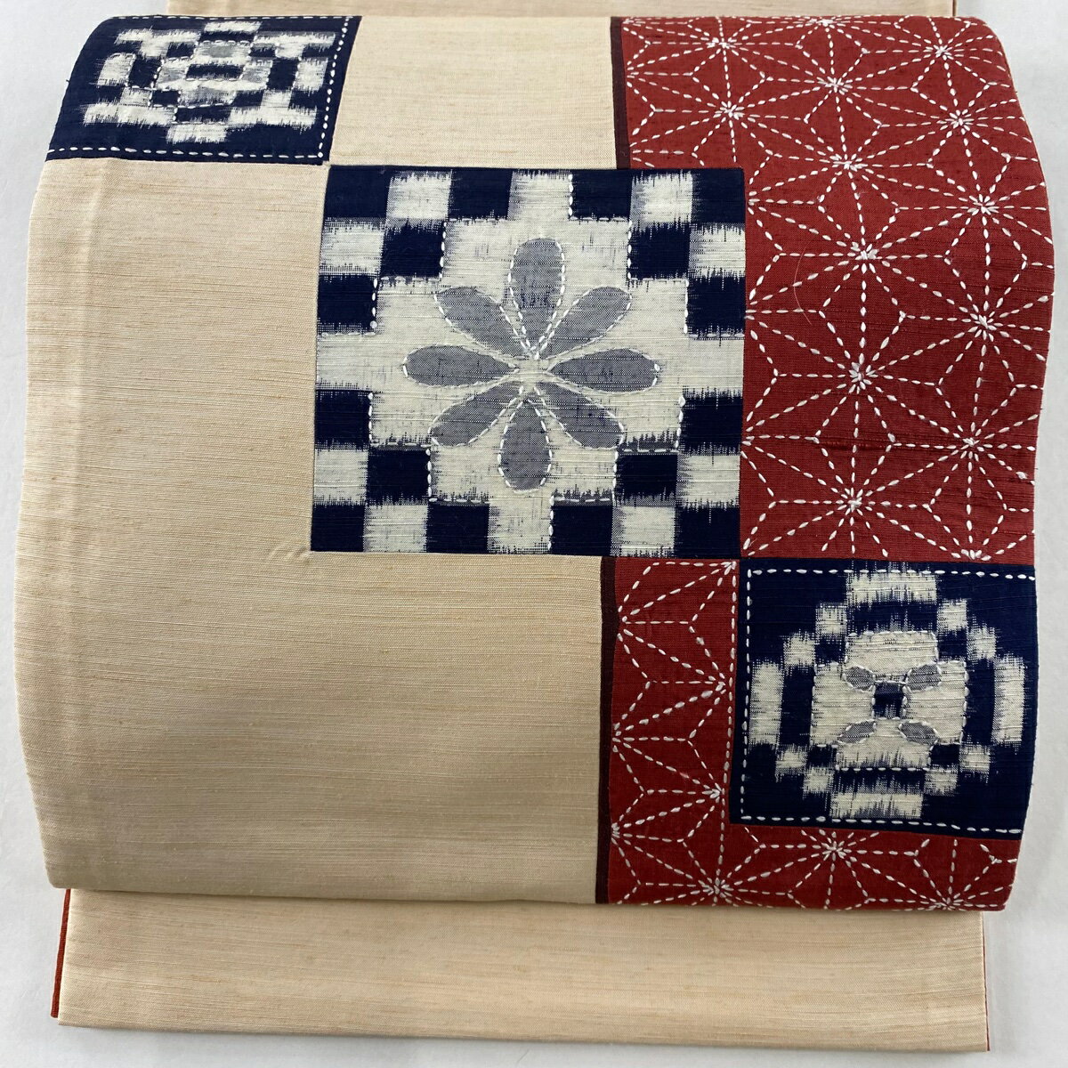 袋名古屋帯 優品 紬地 麻の葉 市松 刺し子刺繍 薄オレンジ 正絹 【中古】 msp50のサムネイル