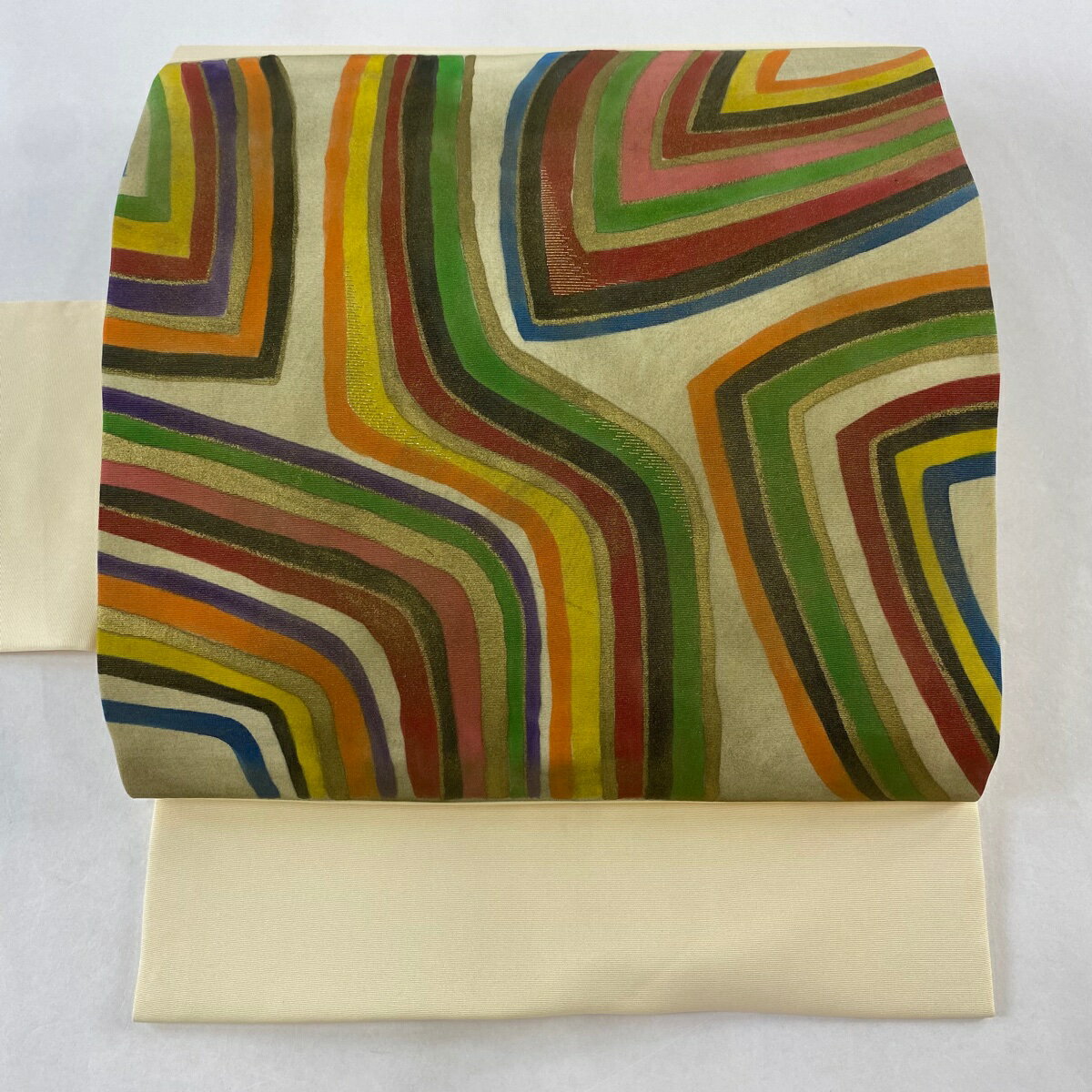 名古屋帯 秀品 幾何学 金彩 金糸 灰緑 正絹 【中古】